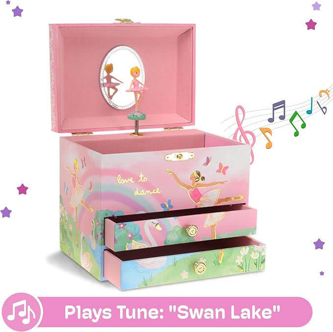 Jewelkeeper Jewelry Box for Girls - Spinning Ballerina Doll to Swan Lake Tune Music Box - Pink Jewelry Boxes for Girls with 2 Drawers - Ideal for Storing Necklaces and Bracelets - 7Lx5Hx6W Inches - Image 5