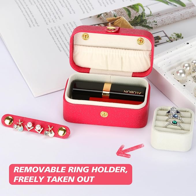 KUKUVR Small Travel Jewelry Box, Mini Jewelry Holder for Multiple Rings Necklace Earrings Lipstick, Portable Jewelry Storage Organizer Case with Removable Ring Slot (RED) - Image 5