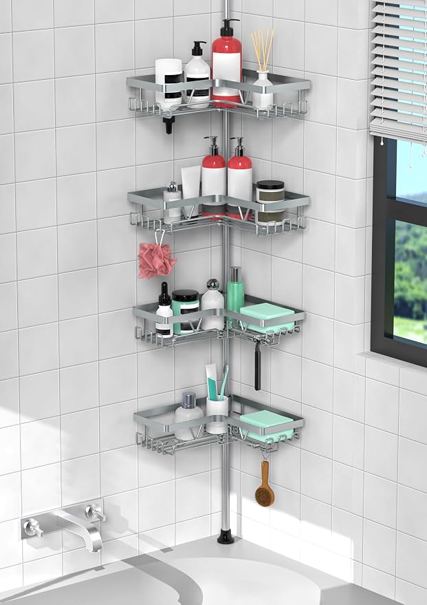 KEGII 4-Tier Corner Shower Caddy Tension Pole - Adjustable Shower Tension Rod Organizer, Floor to Ceiling Shower Caddy 25-114.2 inch, Shower Towel Rack Corner Waterproof, Light Gray by KEGII