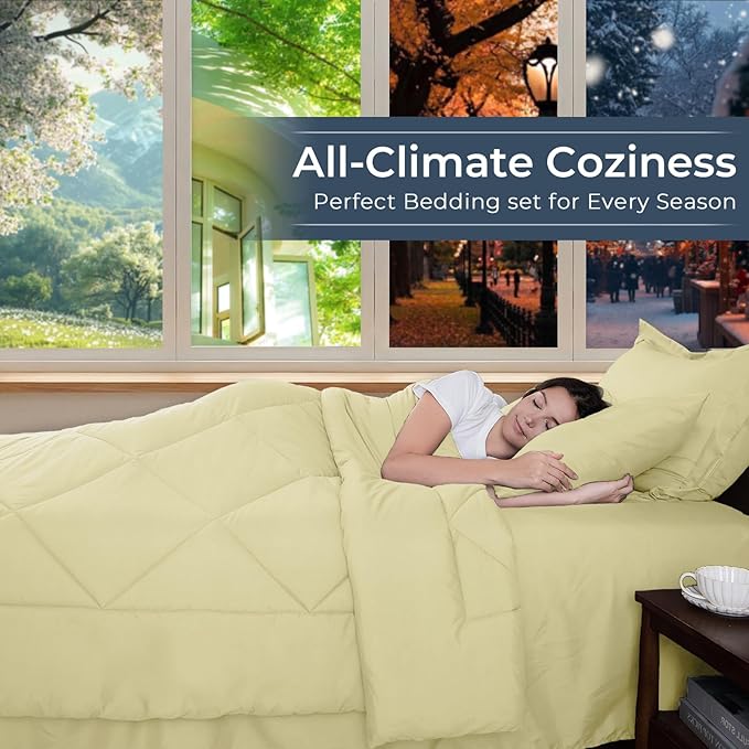 HEVUMYI Cream Yellow Queen Comforter Set - 7-Piece All Season Bed in a Bag Queen, Ultra Soft Bedding Set with Comforter, Flat Sheet, Fitted Sheet, Pillowcases, Pillow Shams