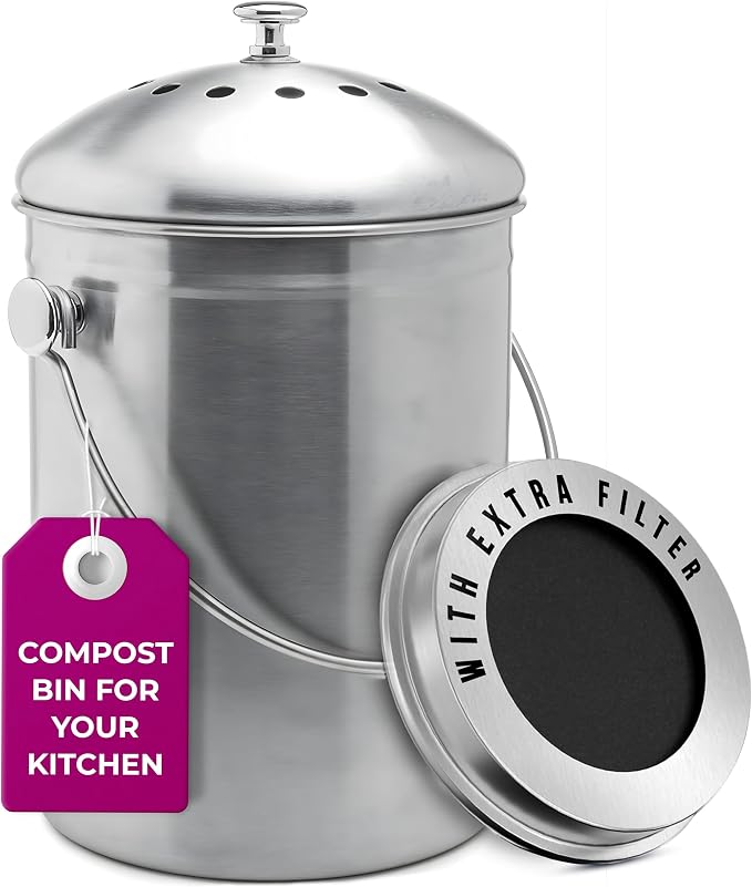 EPICA Countertop Compost Bin Kitchen | 1.3 Gallon | Odorless Composting Bin with Carbon Filters | Indoor Compost Bin with Lid | Stainless Steel Kitchen Composter for Food Scraps & Waste Recycling by Epica