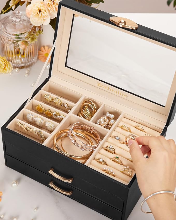 Enthralite Jewelry Box with 2 Drawers : Jewelry Display Organizer for Earrings Necklaces - Gift for Girls Women | Black - Image 3