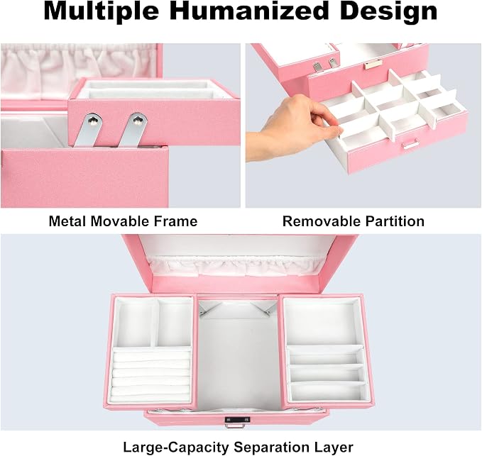 Dajasan Jewelry Organizer Box, Large Jewelry Boxes for Women Girls, Space-Saving 3 Layers Jewelry Storage Case with Drawer, Gift Idea, Movable Metal Stand, Modern (Pink) - Image 8