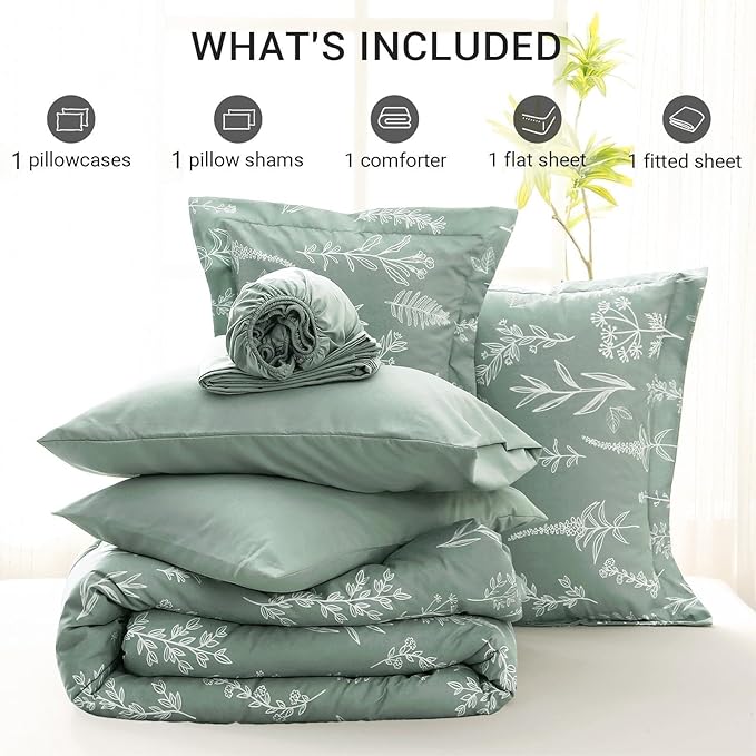 MUXHOMO Twin Comforter Set, Sage Green Elegant Floral Print Bed in a Bag 5 Pieces, Ultra Soft & Breathable Reversible Botanical Pattern Bedding Set with Comforter, Sheets, Pillowcases, and Shams