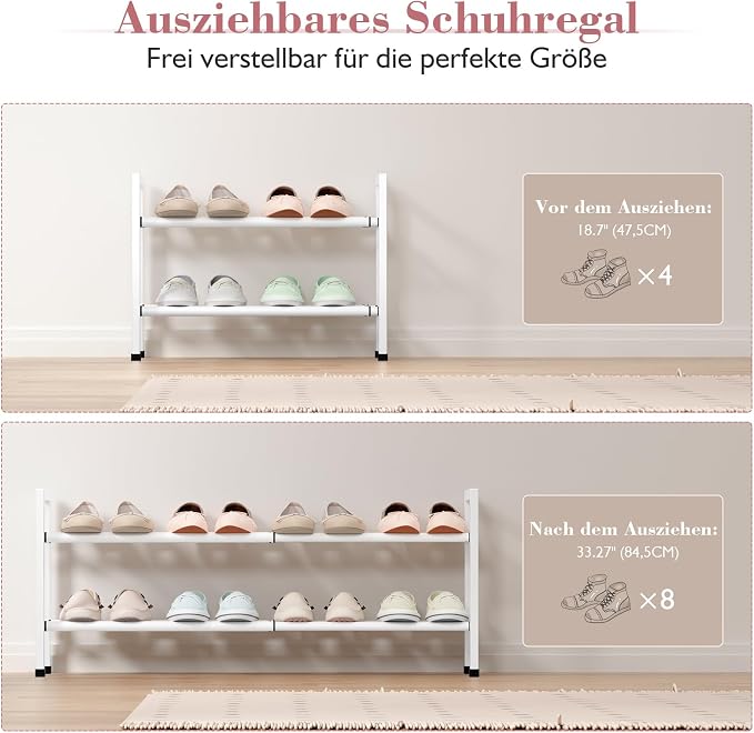 Bumusty 2-Tier Expandable Shoe Rack for Closet, 18“-33” Adjustable Shoe Rack for Small Space, Small Shoe Organizer for Front Door, Sturdy Metal, White - Image 5