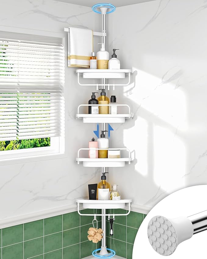 ALLZONE Corner Shower Caddy Tension Pole, Extendable Rustproof Stainless Steel Pole & 4-Tier Adjustable Shelves for Easy Drainage and Built-to-Last Stability, 34 to 116 Inches, White by ALLZONE