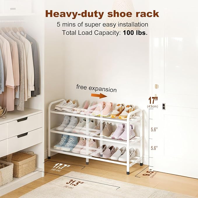 KANAV 3-Tier Expandable Shoe Rack, Heavy Duty Adjustable Metal Shoe Organizer for Closet & Entryway, Freestanding, Tool-Free Assembly, White - Image 5