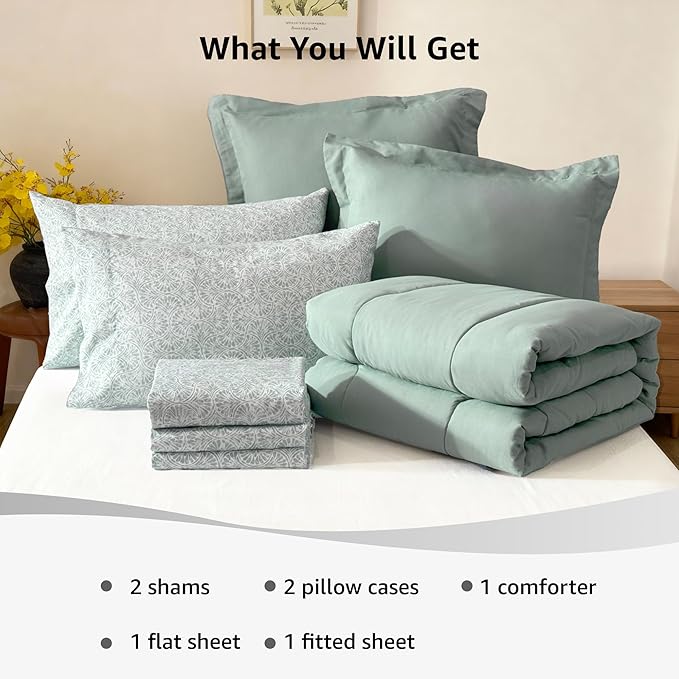 Monbix King Size Comforter Set - 7 Pieces Bed in a Bag King, Sage Green Track Stitching Bedding Sets, All Seasons Bed Set with Sheets, Pillowcases & Shams