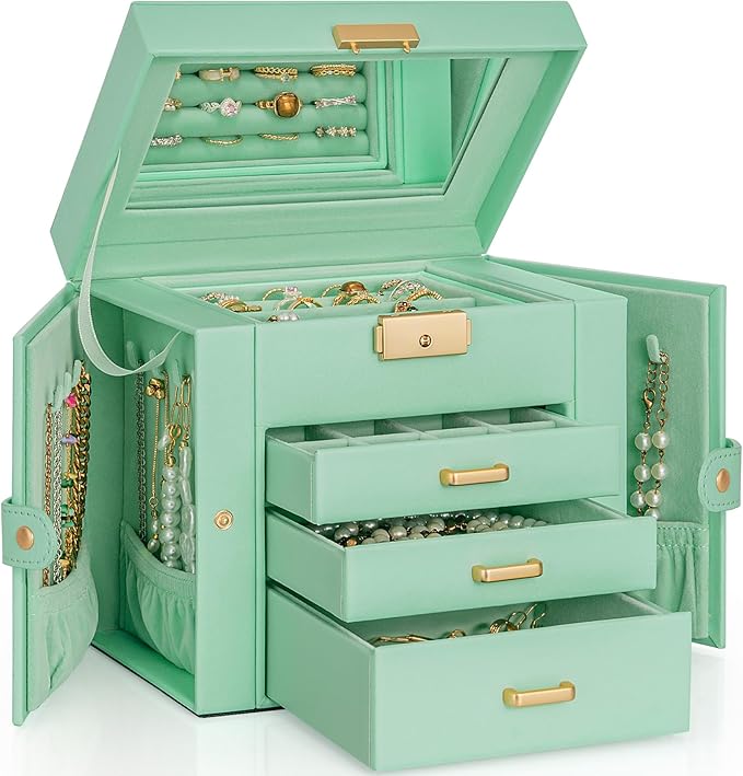 AKOZLIN 4-Tier Jewelry Box Leather Jewelry Storage Organizer with 3 Drawers Lockable for Women Girls Ring Necklace Earring Bracelet Holder with Mirror by AKOZLIN