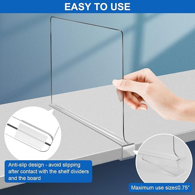 Acrylic Shelf Dividers, Clear Shelf Divider for Closet Organization 12PCS Closet Shelf Divider Closet Dividers for Shelves Shelf Organizer for Closet Shelf Organizer for Wood Closet Cabinets Separator - Image 5