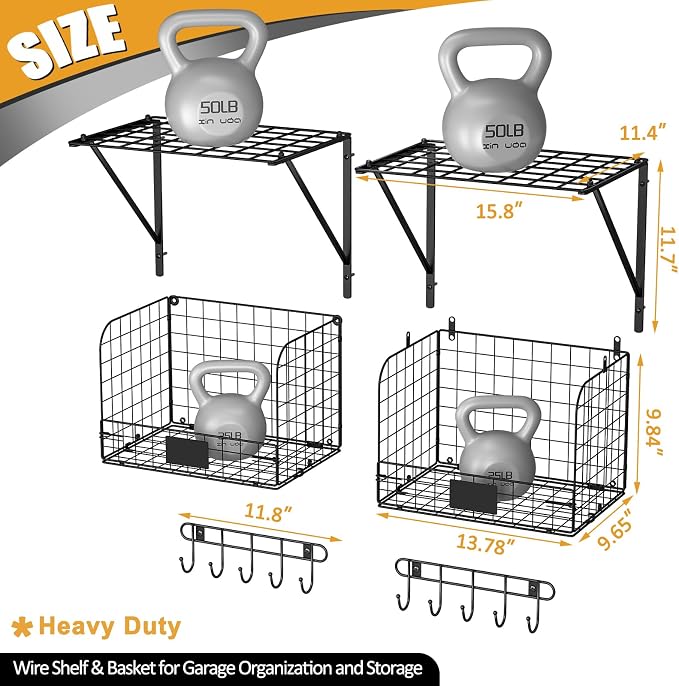 ThreeHio 2 Pack Garage Shelves Wall Mounted with Wire baskets, Heavy Duty Garage Wall Shelving with Hooks, Wire Shelf Baskets Tool Organizer for Home Garden Garage Organization and Storage - Image 3