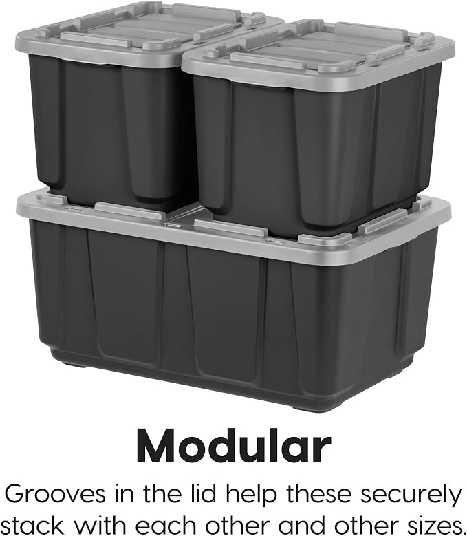 IRIS USA 4-Pack 27 Gallon Storage Bins with Lids |Made in USA| Heavy Duty Plastic Tote Containers for Truckbed Tool Box Organization, Large - Gray - Image 5