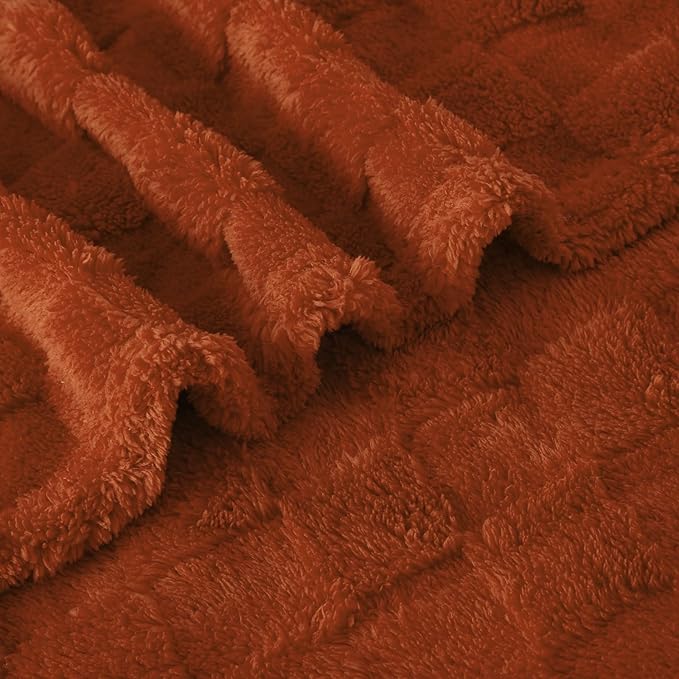 Burnt Orange Fleece Throw Blanket 90”×90” for Couch Sofa Bed,Super Soft Cozy Plush Microfiber Flannel Blanket with 3D Checkered Design Lightweight for Adults,Woman,Girls
