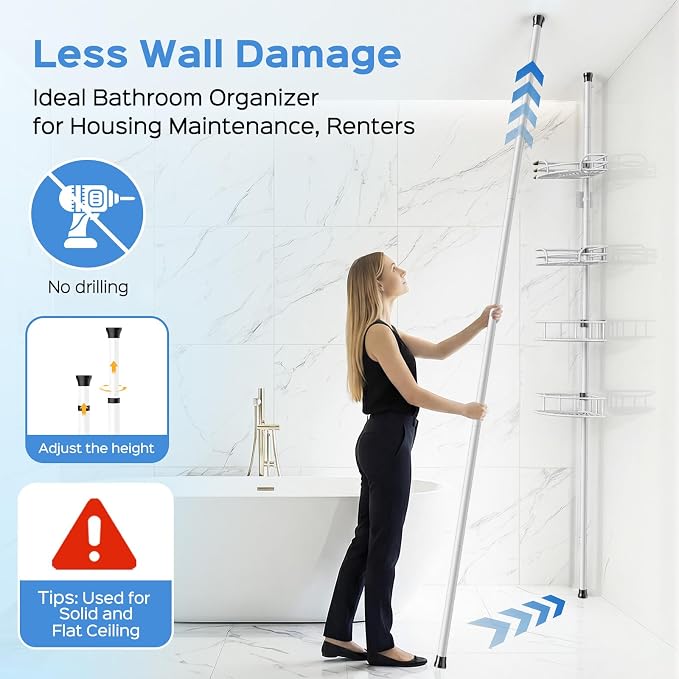 HAMITOR Shower Caddy Corner Tension Pole: 4-Tier Large Capacity Bathroom Organizer Shelf with Towel Bar - Rustproof No-Drill Adjustable 47-123 inch Storage for Renters, Home Bathtub Stand Rack, White - Image 3