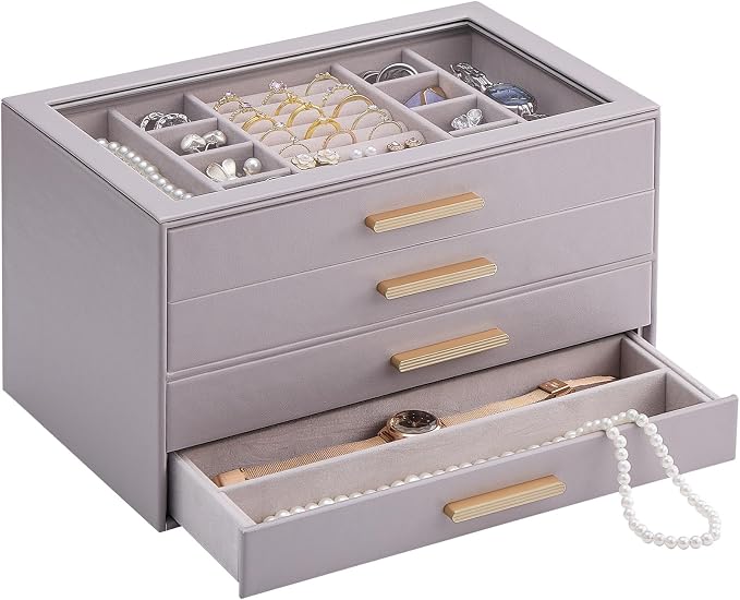 Lolalet Jewelry Box Organizer, 4-Layer Jewelry Organizers and Storage Case with Glass Lid, Ring Earring Bracelet Necklace Holder Organizer, Birthday Valentine Gifts for Women Girls -4Layer, HazePurple by Lolalet
