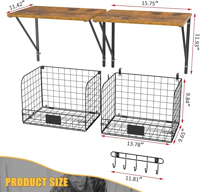 ThreeHio 2 Pack Garage Shelves Wall Mounted with Wire Storage baskets, Heavy Duty Garage Wall Shelving with Hooks, Wooden floating shelves Tool Organizer for Home Garden Garage Organizers and Storage - Image 3