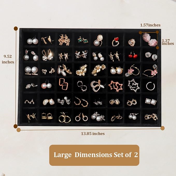 Large Velvet Jewelry Tray 2 Pack Stackable Jewelry Display Drawer Inserts Trays Organizer for Earring Bracelet Necklace Ring (Black, 48 Grids) - Image 5