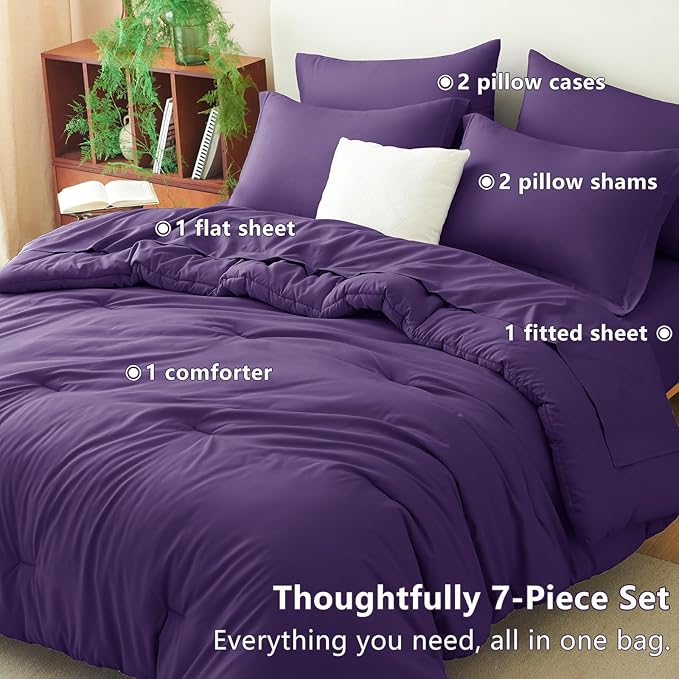 CozyLux King Size Comforter Set Purple, 7 Pieces Bed in a Bag King Comforter Set with Sheets, Luxury Soft Bedding Sets with Down Alternative Comforter, Fitted Sheet, Flat Sheet, Pillowcases & Shams