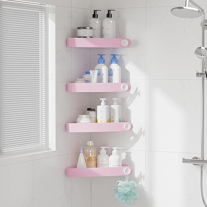 Sotfamily Plastic Shower Caddy Corner (For 90° Only), 4 Pack Adhesive Corner Shower Shelves for Bathroom Organizers and Storage, Pink by Sotfamily