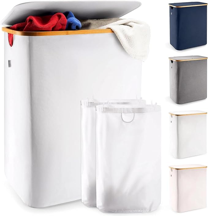 LONBET Laundry Basket with Lid, Made from Breathable Fabric | Aesthetic Clothes Hampers for Laundry with Side Handles & Sturdy Bamboo Frame (40 Gallons - Double, Light Gray) by Lonbet