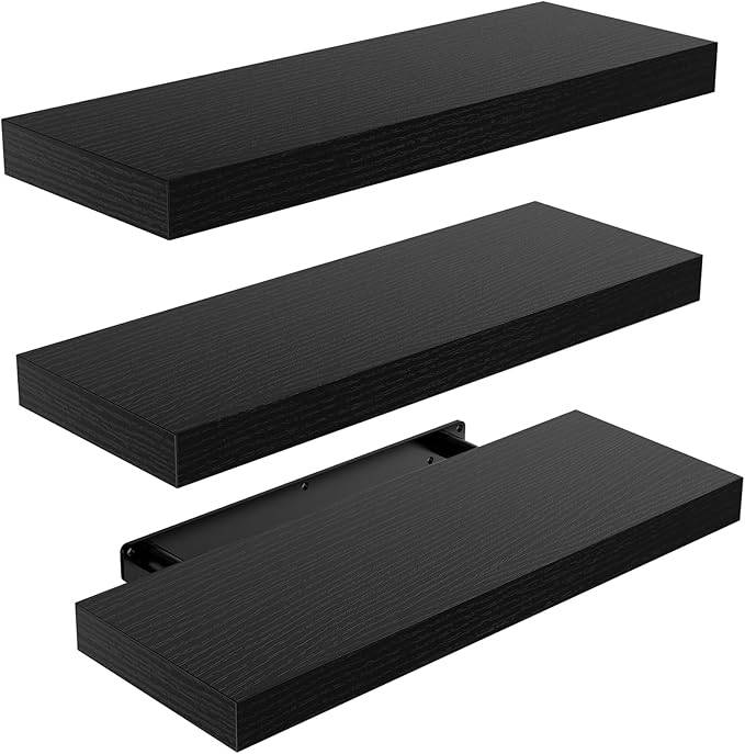 AMADA HOMEFURNISHING Floating Shelves Black, Wall Shelves with Invisible Brackets for Bedroom, Bathroom, Living Room, Kitchen, Set of 3 - AMFS07 by AMADAHOMEFURNISHING