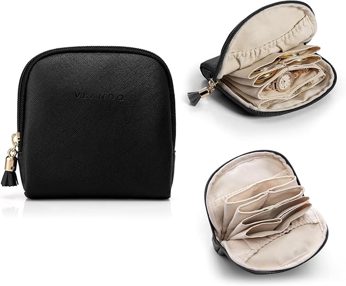 VLANDO Mini Jewelry Travel Case,Jewelry Pouch Bags with Zipper, Velvet Jewelry Organizer Storage Bag for Bracelet Rings Earring Travel Essentials Gifts for Women Girl - Black by VLANDO