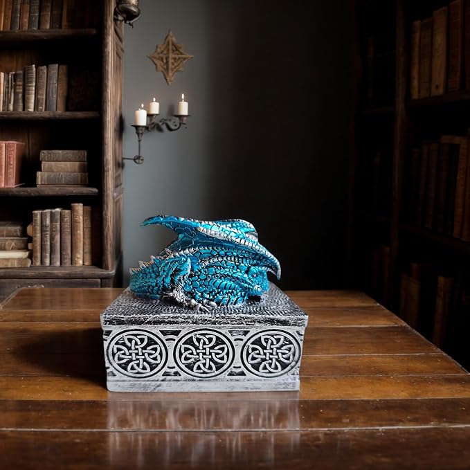 Dragon Statue Jewelry Box, Medieval Fantasy Myth Dragon With Cover Treasure Box, Dragon Statue Decoration Collection Gift Box. (Blue) - Image 7