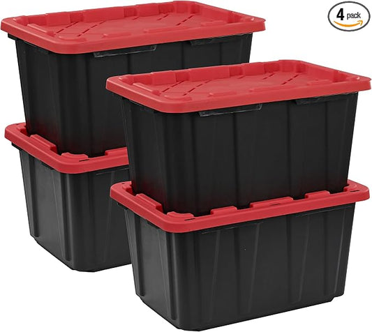 CX BLACK & YELLOW, XTRA TALL 27-Gallon Heavy Duty Tough Storage Container & Snap-Tight Lid, (28.5L x 19.4W x 15.2H), Weather-Resistant Design and Stackable Organization Tote [4 Pack] by BLACKYELLOW
