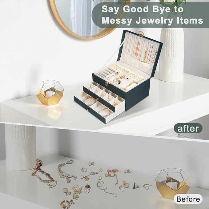 GUOER Jewelry Box for Women Girl Wife 3 Layers Large PU Leather Jewelry Organizer Storage Case with Two drawers Display for Earrings Bracelets Rings Watches (Hunter Green) - Image 5