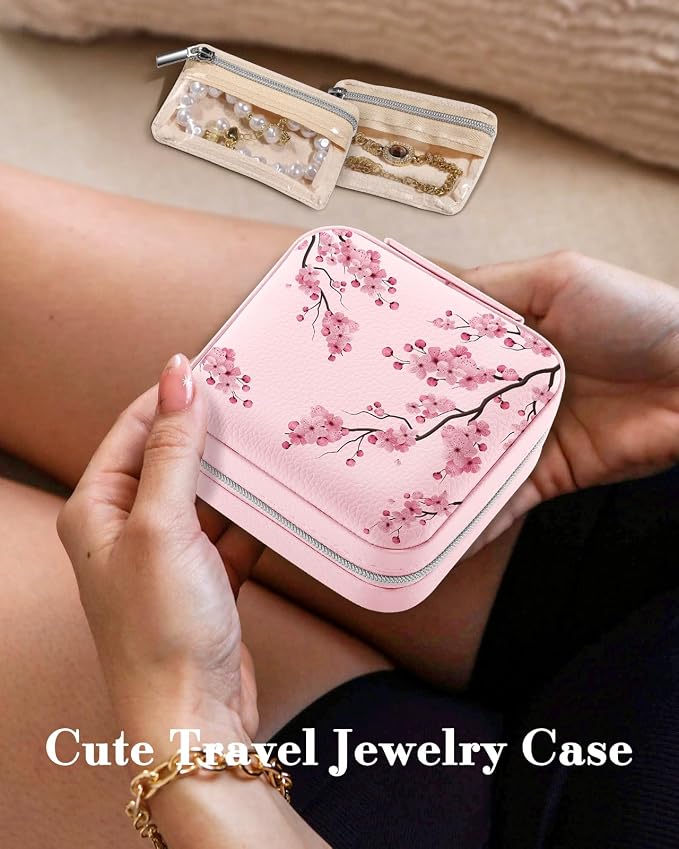 Bistup Travel Jewelry Case - Small Jewelry Organizers and Storage Box for Women Girls Teens Cute Traveling Jewelry Holder with Mirror Little Tiny Compact Modern Unique Aesthetic Pretty, Peach Blossom - Image 3
