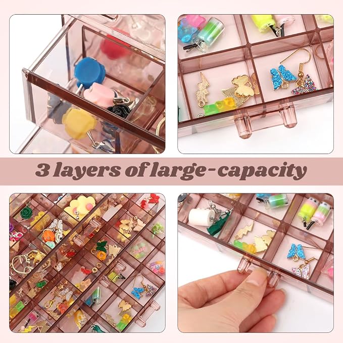 Jewelry Organizer, Earring Holder Organizer Box with 3 Layers, 72 Grids Earring Case, Craft Storage Containers for Nail Charms, Ring, Earrings(Tan) - Image 9