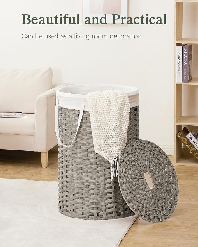 SETVSON Large Laundry Hamper Laundry Basket Round 34.3 Gal (130 L) Handwoven Wicker Laundry Baskets Rattan Laundry Basket with Laundry Bag Handles 2 Mesh Bags for Living Room Bedroom Gray - Image 7