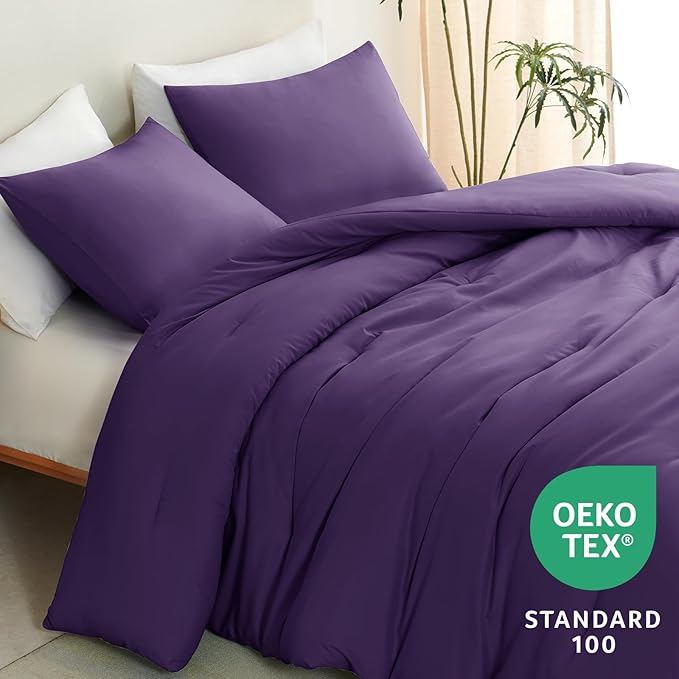 CozyLux Queen Comforter Set Purple, 3 Pieces Solid Comforters Queen Size Breathable Quilted Bedding Sets, Luxury Soft Lightweight Bed Set with Down Alternative Comforter and 2 Pillowcases All Seasons
