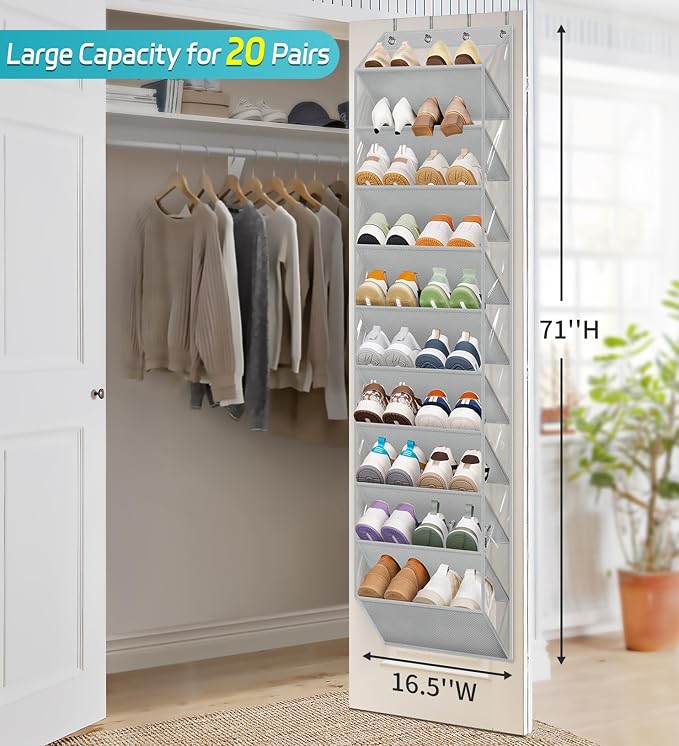 AOODA 10 Tier Clear Over the Door Shoe Organizer Storage, Deep Pockets Large Hanging Shoe Rack for Closet Door, Fit 20 Pairs Shoe Holder Hanger for Boots (Grey) - Image 2