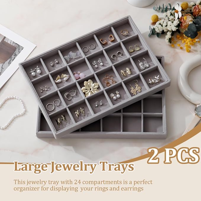 Large Velvet Jewelry Tray 2 Pack Stackable Jewelry Display Drawer Inserts Trays Organizer for Earring Bracelet Necklace Ring (Gray, 24 Grids) - Image 2