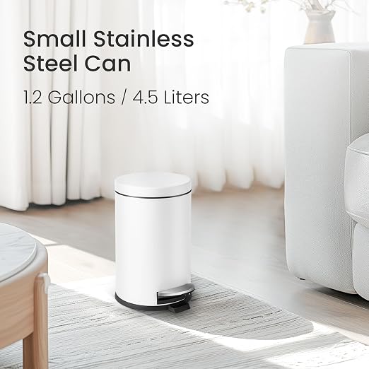 Cesun 1.2 Gallons Small Trash Can with Lid, White Bathroom Garbage Can with Foot Pedal, Mini Round Wastebasket for Bathroom, Bedroom, Office, 4.5 Liters / 1.2 Gallons, White - Image 2