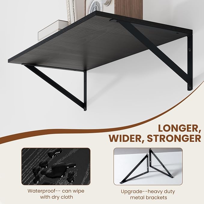 Heimlove Black Deep Floating Shelves for Wall, 24W x 12D Wood Wall Shelves Set of 2, Wide Floating Bookshelf for Living Room, Kitchen, Office, Bedroom and Decor Storage, with Metal Bracket - Black - Image 4