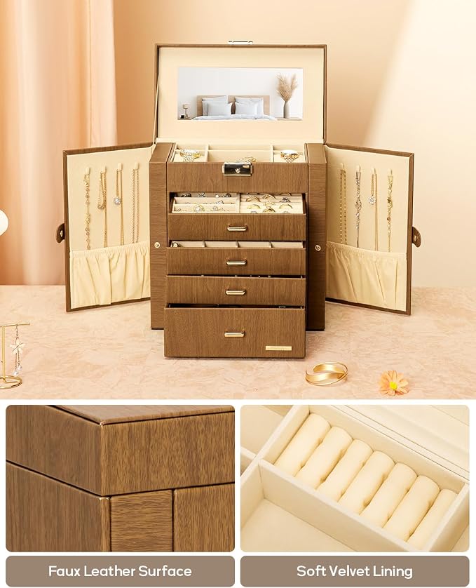 Homde Mothers Day Gifts Synthetic Leather Huge Jewelry Box Mirrored Watch Organizer Necklace Ring Earring Storage Lockable Gift Case (Brown + Gold) - Image 6
