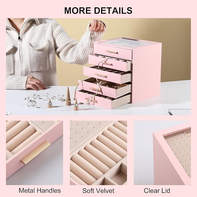 Frebeauty Clear Lid Jewelry Box,5-Layer Jewelry Organizer with Drawer,PU Leather Jewelry Organizers and Storage,Jewelry Boxes for Women,Jewelry Storage for Rings Earring Stud,Gift for Women(Pink) - Image 5