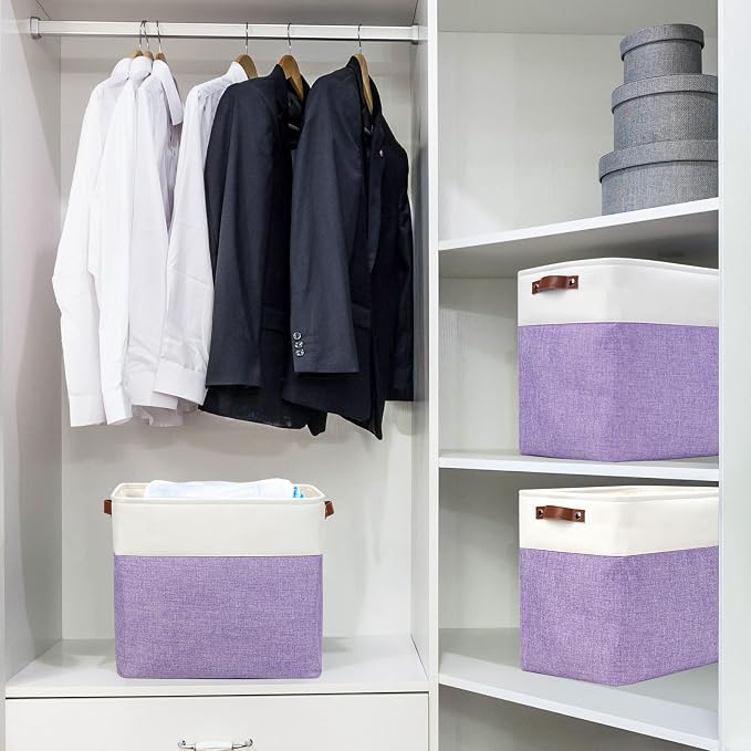 Bagnizer Large Fabric Storage Baskets | 50L Storage Bins, Decorative Linen Closet Baskets with Handles for Organizing, Shelf, Toys, Clothes, Home, Office, Nursery, 17x12x15Inches (Purple&White) - Image 2