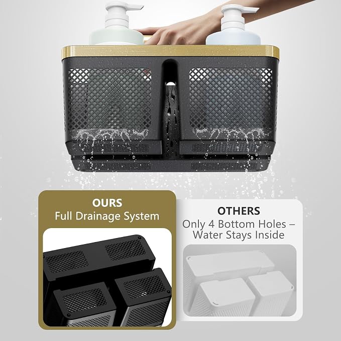 BYUNER Shower Caddy Dorm Men: Plastic Bathroom Caddy Organizer with Handle and Holes, Bath Caddy for College Dorm, Portable Shower Basket Tote for Toiletry, Travel, GYM, Camp Essentials Black/Gold - Image 3