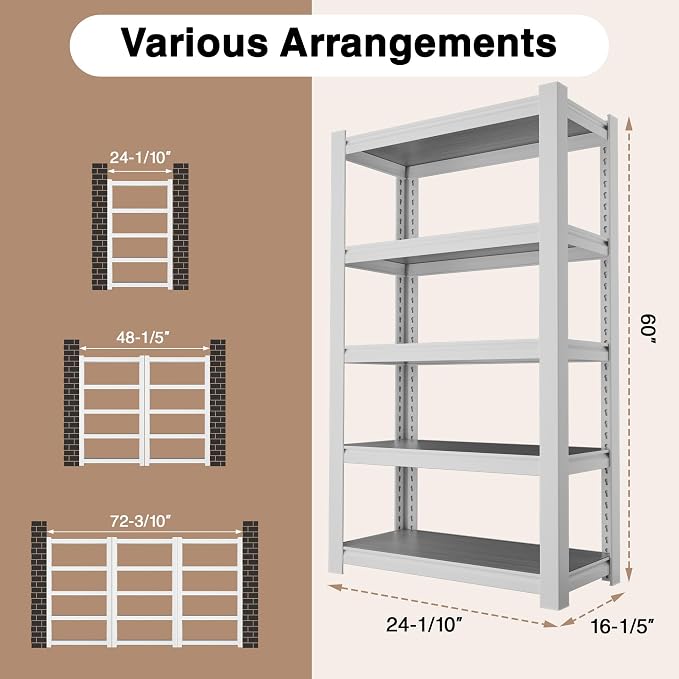 WORKPRO House 5-Tier Shelving Unit, 3000lbs Adjustable Storage Shelves, Boltless Book Shelf, Shelf Organizer for Kitchen, Living Room, Bathroom, Wood Grain Pattern, Waterproof Board, 24-1/10"W, White - Image 2