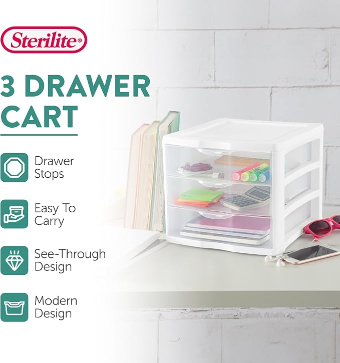 Sterilite 18-Pack Clearview 3-Drawer Cart, Small Plastic Storage Organizer Drawers, White - Organizing Drawer Containers for Bathroom, Closet, Kitchen, and Bedroom - Image 4