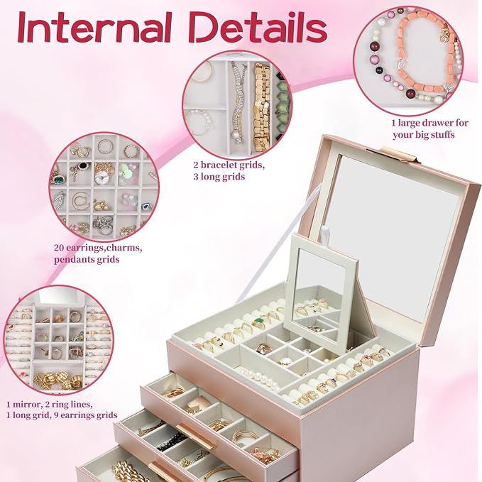 BOOVO Clear Lid Jewelry Box,3 Layers Jewelry Organizer Large Jewelry Storage Box with 2 Drawers,Jewelry Holder Organzier of Rings Earrings Necklace Bracelets for Women (Rose Gold, 4 Layer) - Image 3