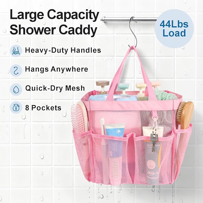 F-color Mesh Shower Caddy Portable, Upgrade Deeper 7 Pockets Shower Bag Basket Tote for College Dorm Room Toiletry Bathroom Essentials Gym Camp Quick Dry 2 handles with S Hook, Pink - Image 4