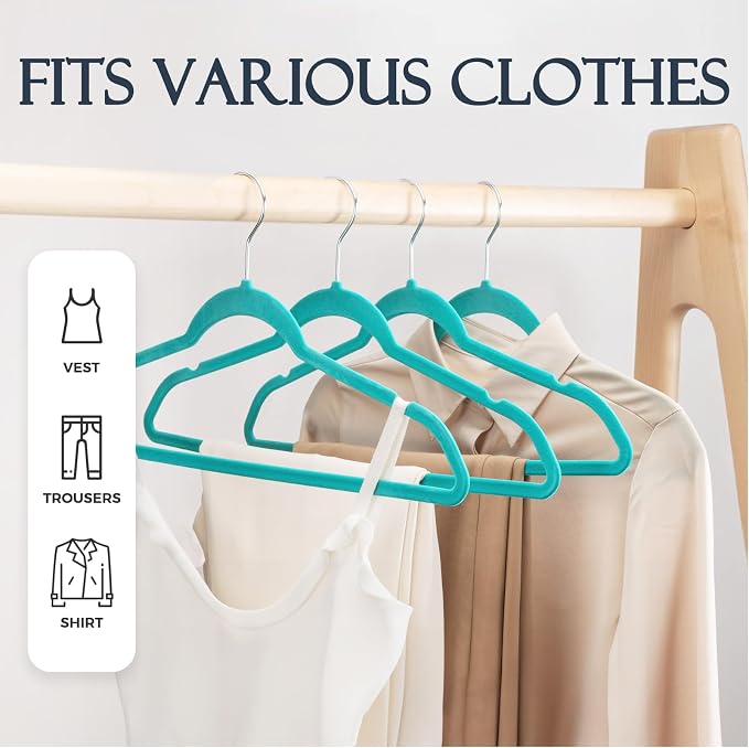 HOUSE DAY Mint Green Velvet Hangers 60 Pack, Non Slip Clothes Felt Hanger Heavy Duty for Coat, Premium Slim Space Saving Suit Hangers for Closet Organizer, 360° Rotating Silver Hook - Image 3