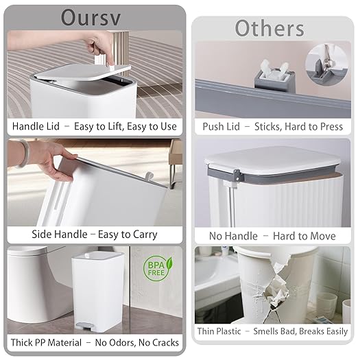 rejomiik Small Bathroom Trash Can with Lid, 3.2 Gallon Step Garbage Can with Handle, Slim Mini Wastebasket Bin for Bedroom, Office, Dorm, White - Image 4