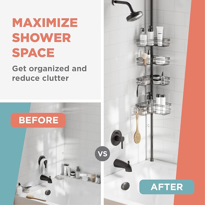 Zenna Home Tension Pole Shower Caddy Corner Organizer, Adjustable Standing Shower Caddy with 4 L-shaped Baskets and Hooks, Rust Resistant Bathroom Tension Rod Organizer, 60 to 97 Inch, Bronze - Image 9