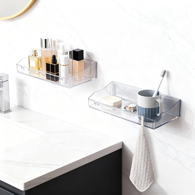 Clear Floating Shelves, Acrylic Shelves for Bathroom Organizers and Storage, Bathroom Shelf with Adhesive Shelf or Screws, Wall Mount Organizer for Shower Caddy,Room Decor, Kitchen, Living Room - Image 4