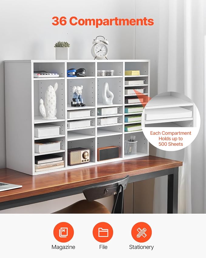 VEVOR Literature Organizer, 36 Compartments Office Mailbox with Adjustable Shelves, Wooden Mailbox Sorter Medium Density Fiberboard Office Home Classroom Storage for Files, Documents, Papers, White - Image 6
